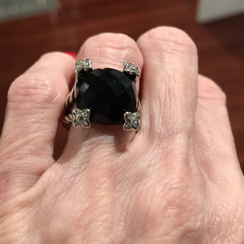 BLACK ONYX/DIAMOND CUSHION ON POINT RING Size 6